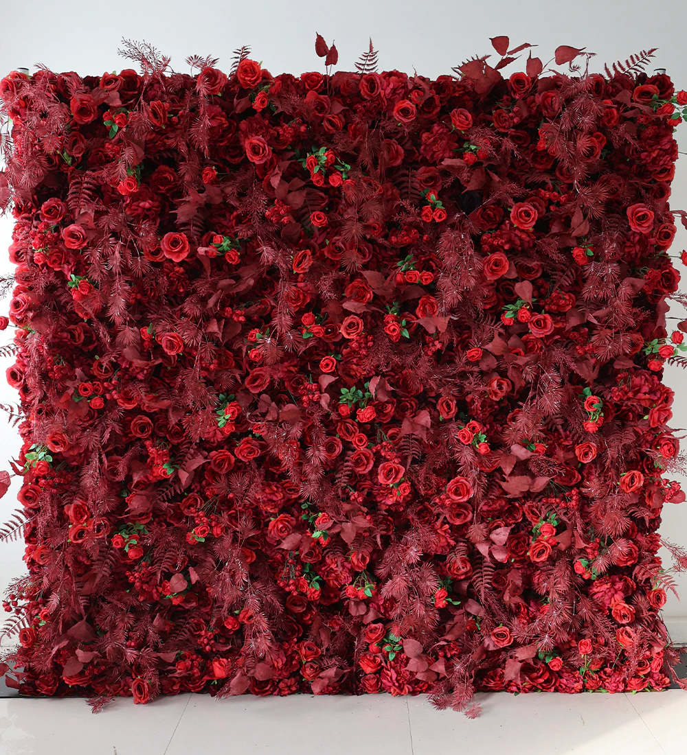 Abigail flower wall rental — deep red floral backdrop for New York City events