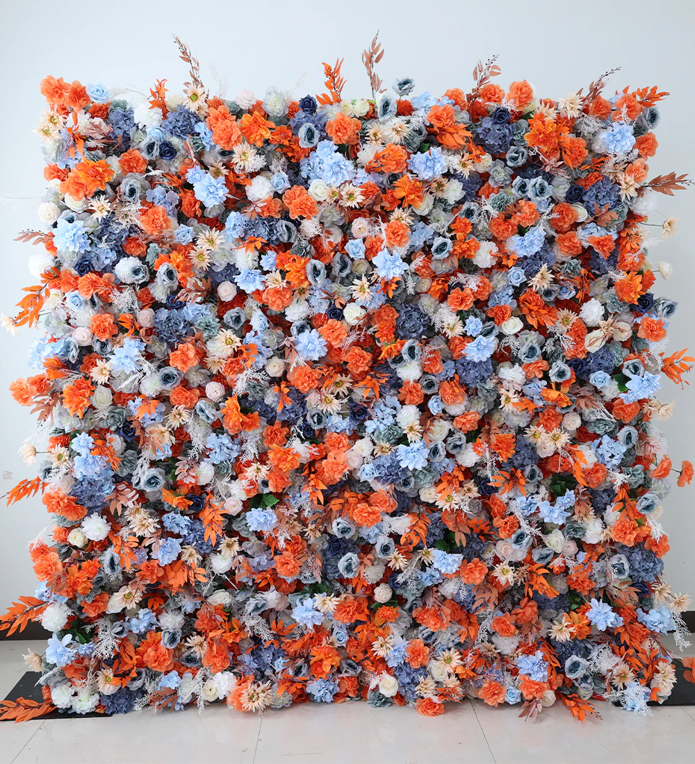 Cee Indigo flower wall rental — blue & orange floral backdrop for New York City events