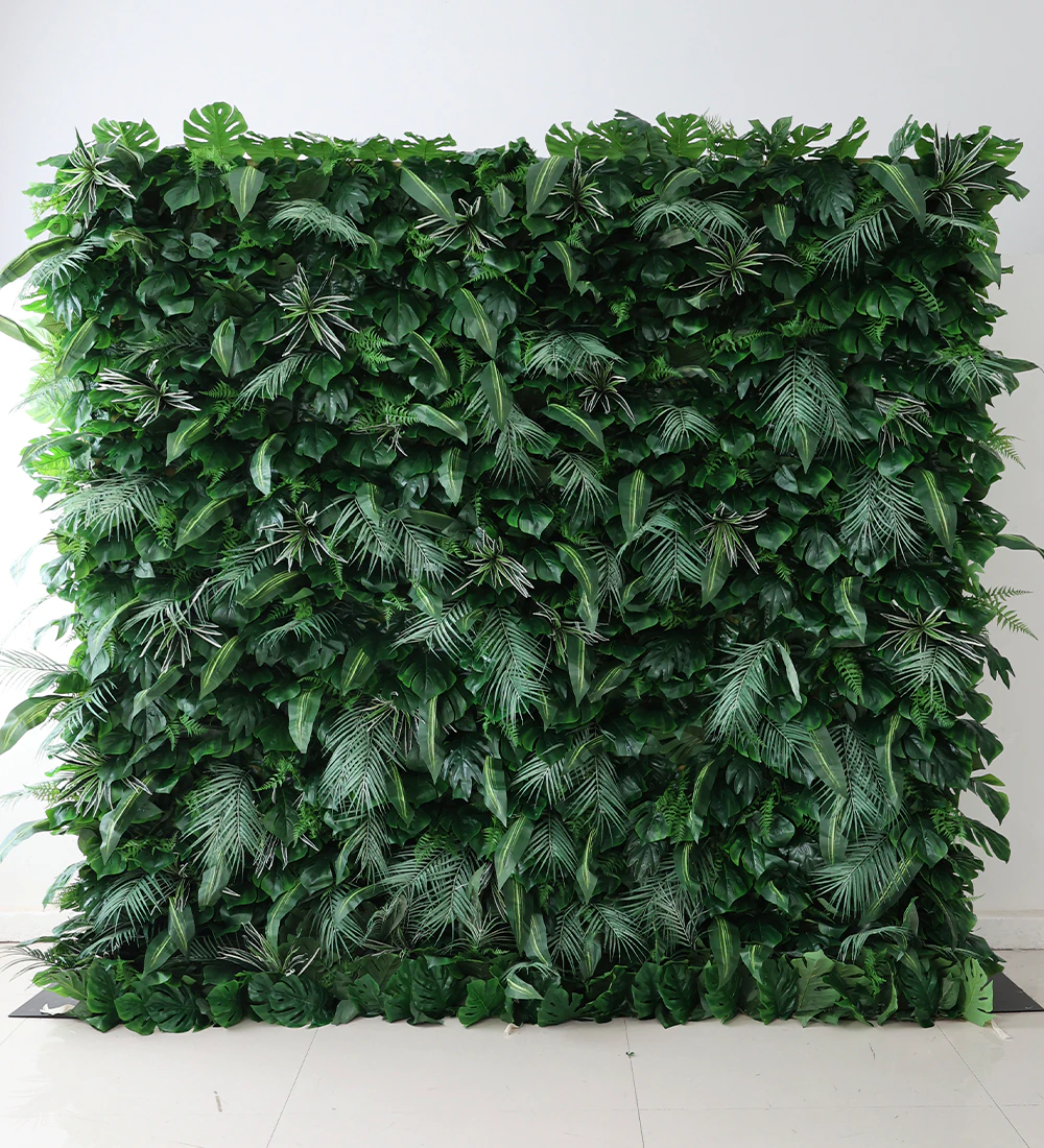 Hawaiian flower wall rental — palm & exotic green floral backdrop for New York City events