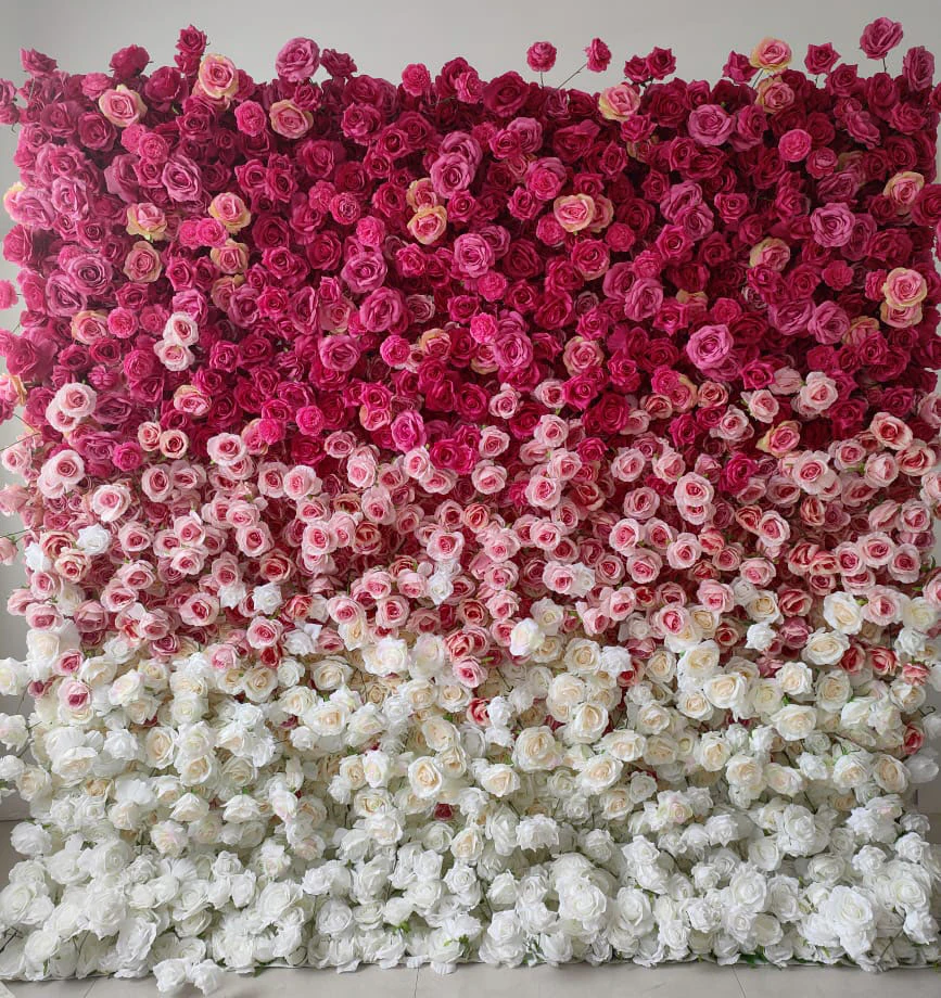 Ombre flower wall rental — pink to white floral backdrop for New York City events