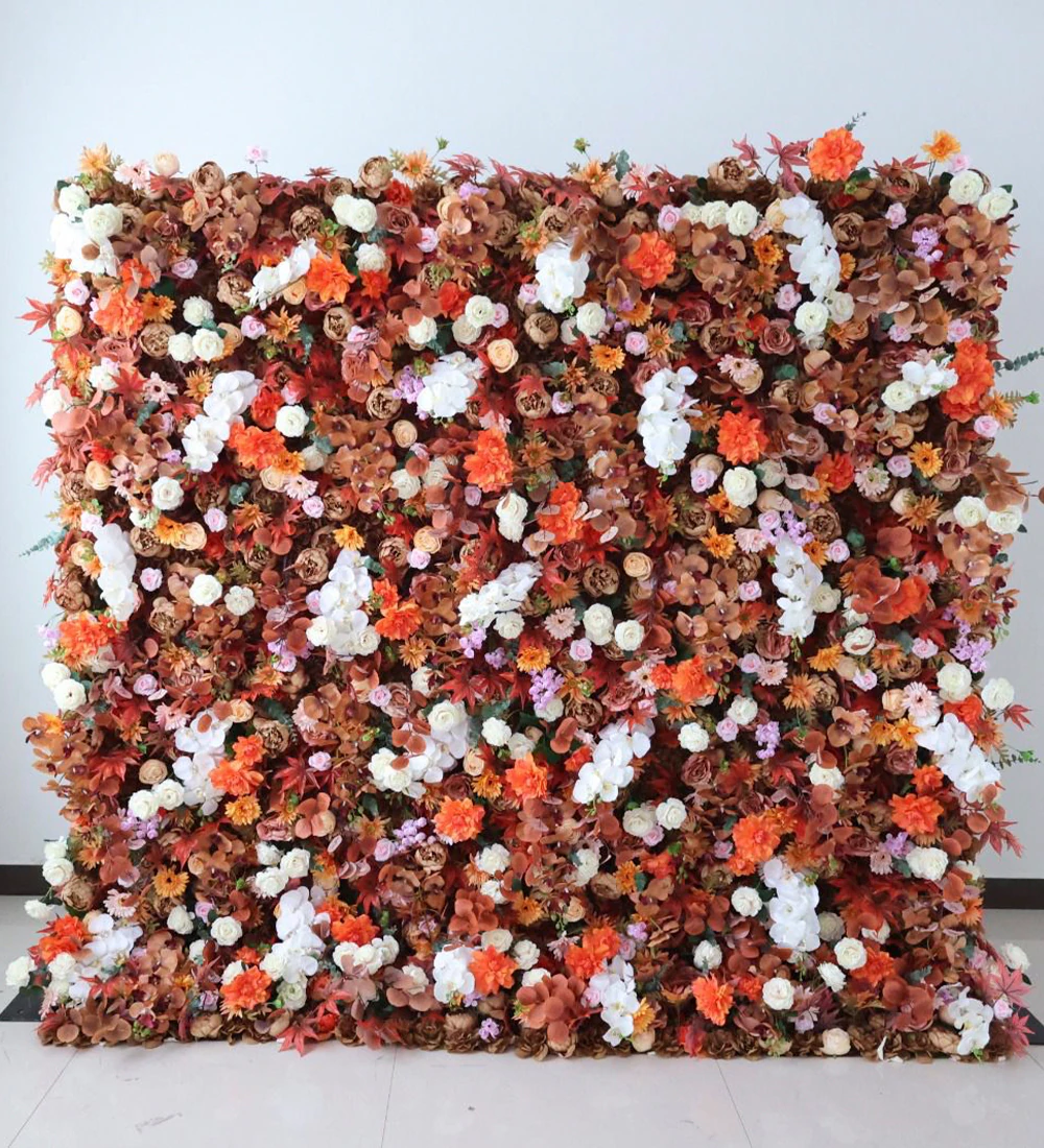 Peacock Butterfly flower wall rental — orange, brown & cream floral backdrop for New York City events