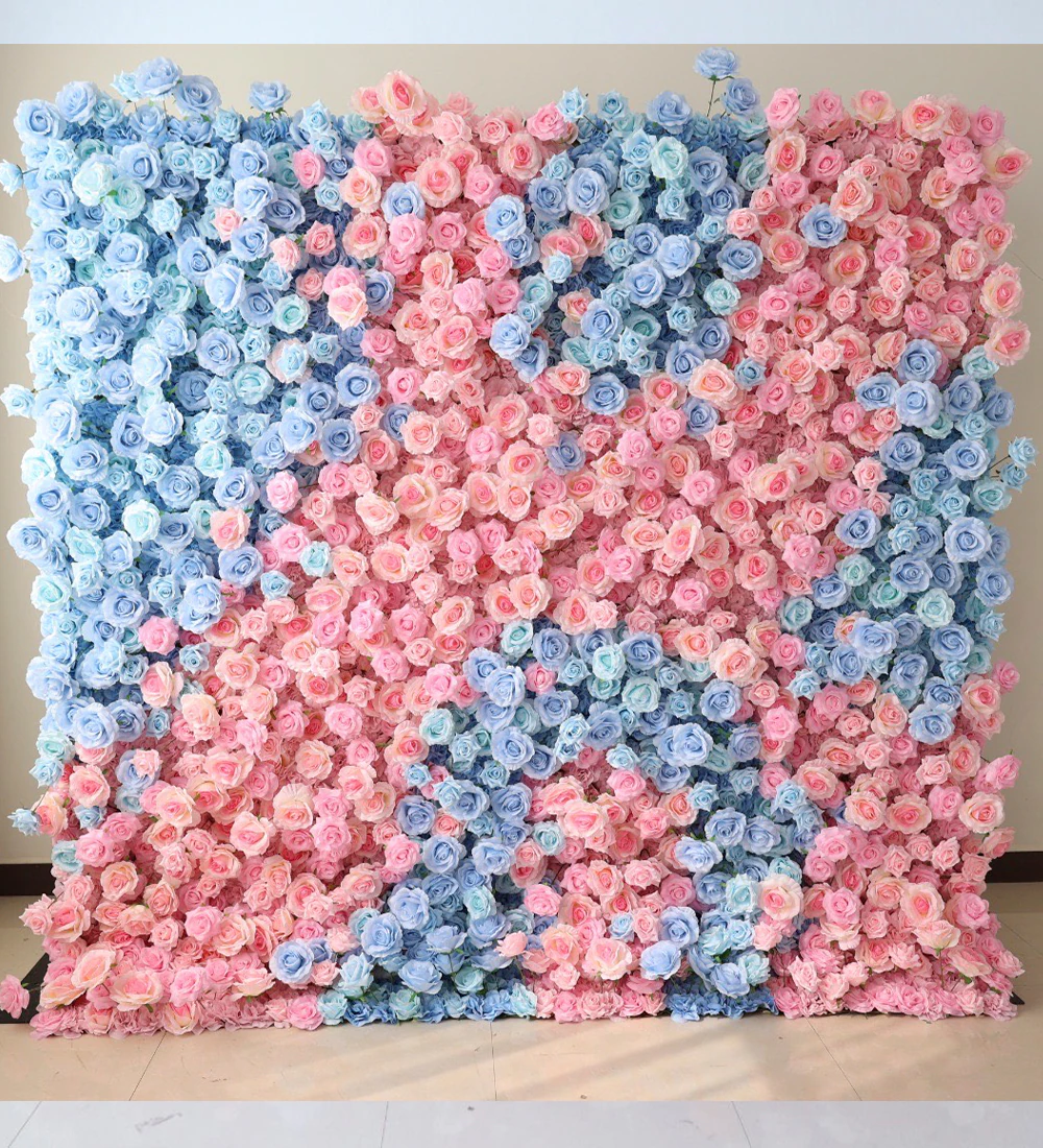 Pink & Blue flower wall rental — pink & powder blue floral backdrop for New York City events