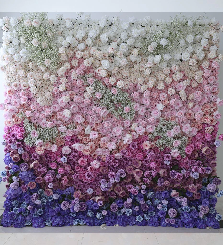 Pink & Purple Ombre flower wall rental — pink to purple floral backdrop for New York City events