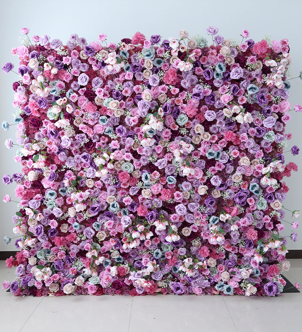 Purple Baby flower wall rental — purple & feathers floral backdrop for New York City events
