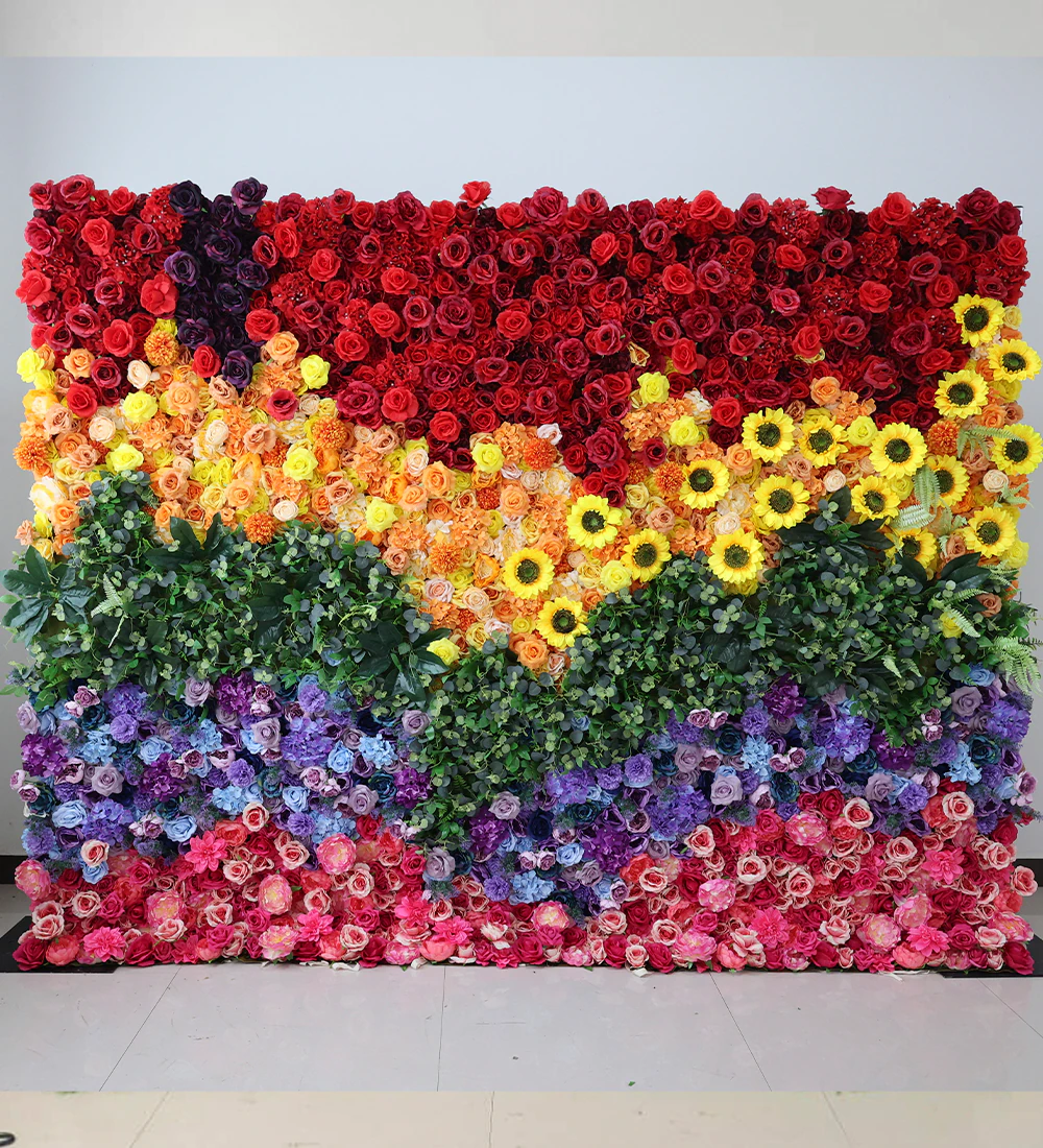 Rainbow flower wall rental — full spectrum floral backdrop for New York City events