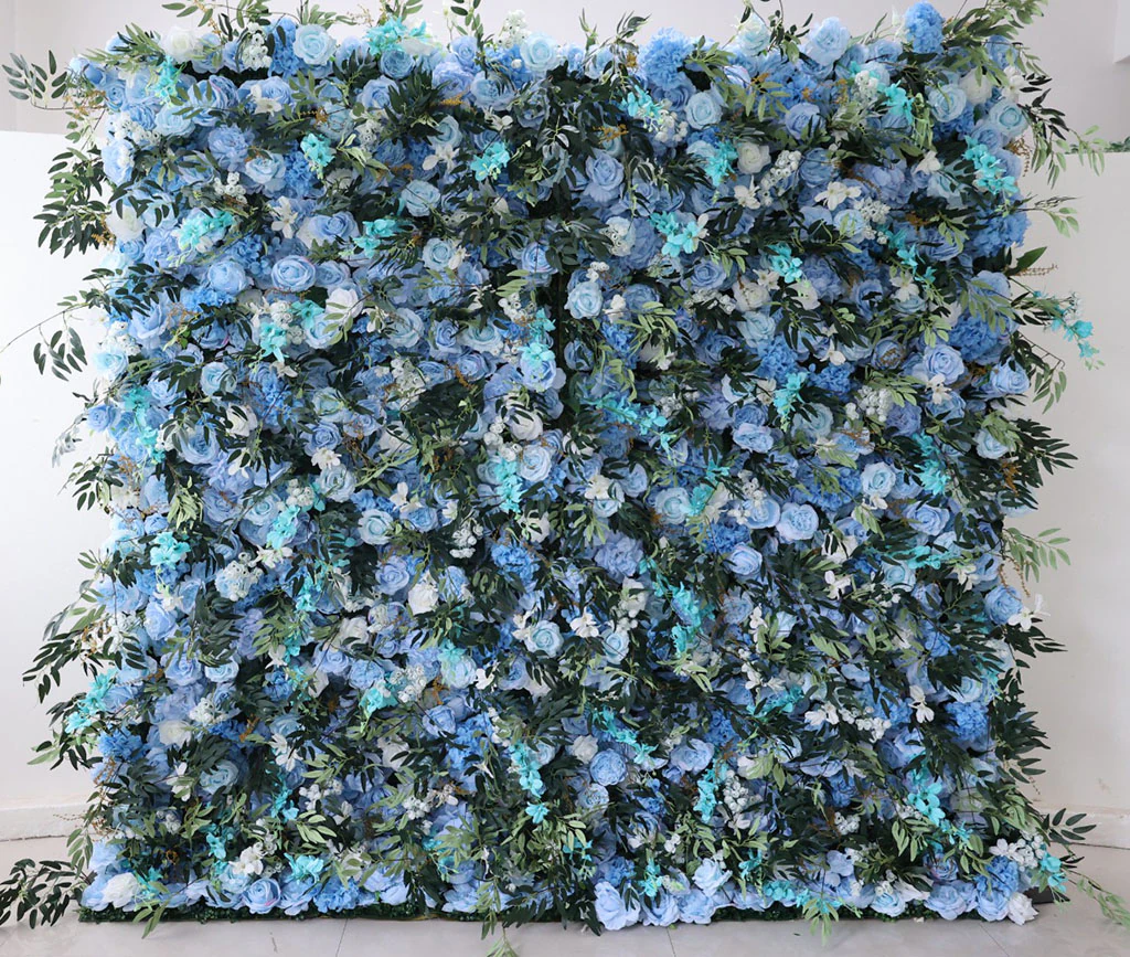Sky Blue flower wall rental — blue & greenery floral backdrop for New York City events