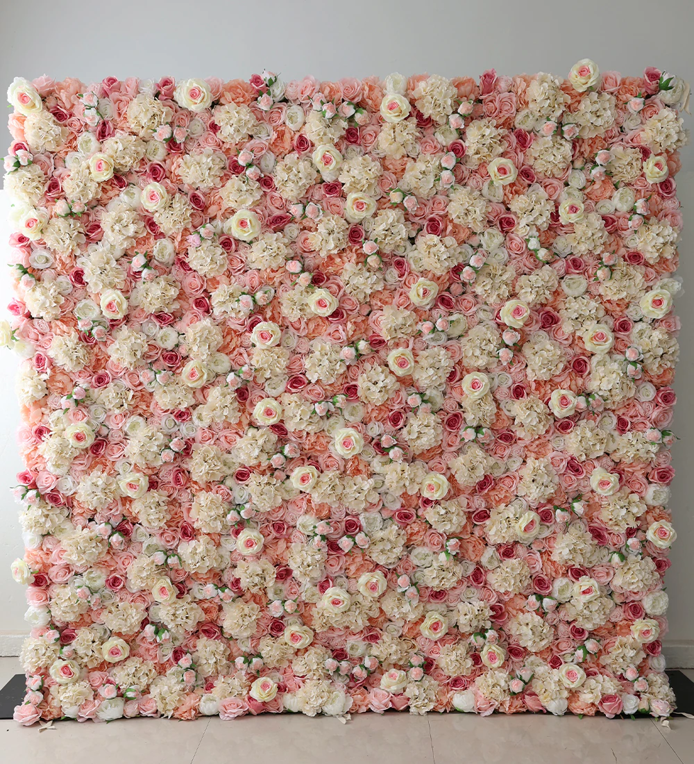 Venessa flower wall rental — pink & creamy white floral backdrop for New York City events
